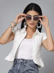 White Cotton Crop Denim Shrug – Open Front – Short Sleeves