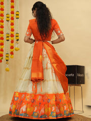 Orange & Gold Zari Lehenga – Semi-Stitched – With Dupatta & Unstitched Blouse