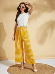 Mustard Yellow Printed Rayon Palazzos – Wide Leg – Elastic Waist