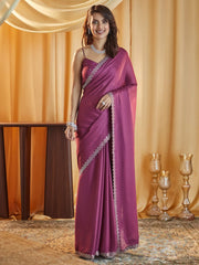 Magenta Solid Pure Chiffon Saree – Embellished Border – Beads and Stones