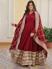 Maroon Maxi Georgette Ethnic Dress – V-Neck – Solid