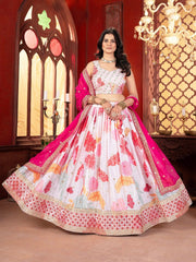 White & Pink Sequinned Embroidered Lehenga – Square Neck – Dupatta Included