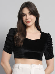 Black Solid Stretchable Velvet Blouse – Sweetheart Neck – Ruched Short Sleeves