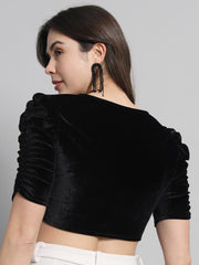 Black Solid Stretchable Velvet Blouse – Sweetheart Neck – Ruched Short Sleeves