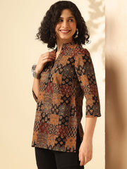 Multicolor Ethnic Print Cotton Kurta – Straight Fit – Band Collar