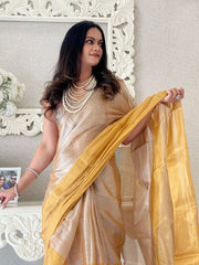 Gold & Beige Colourblocked Tissue Saree – No Border – Printed