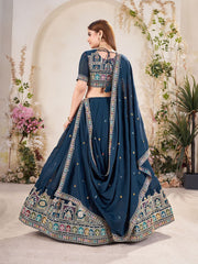 Blue & Gold Sequinned Embroidered Lehenga – V-Neck – Dupatta