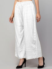 White Floral Embroidered Palazzos – Flared Fit – Knitted Rayon