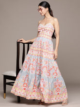 Blue Floral Print Cotton Maxi Dress – Shoulder Straps – Cut-Out Detail