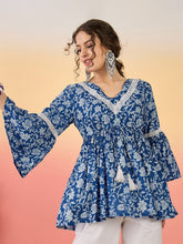 Blue Floral Printed Cotton Peplum Top – V-Neck – Bell Sleeves