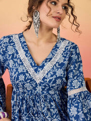 Blue Floral Printed Cotton Peplum Top – V-Neck – Bell Sleeves