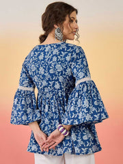 Blue Floral Printed Cotton Peplum Top – V-Neck – Bell Sleeves