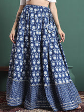 Blue Printed Cotton Blend Maxi Skirt