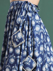 Blue Printed Cotton Blend Maxi Skirt