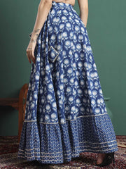 Blue Printed Cotton Blend Maxi Skirt