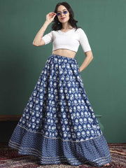 Blue Printed Cotton Blend Maxi Skirt