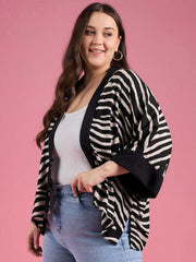 Black & White Striped Viscose Rayon Shrug – Open Front – Straight Hem