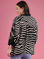Black & White Striped Viscose Rayon Shrug – Open Front – Straight Hem