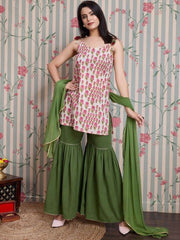 Beige Floral Straight Pure Cotton Kurti Sharara Set – Shoulder Straps – Gotta Patti