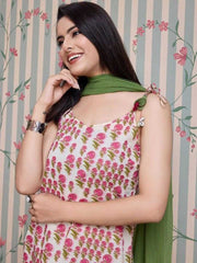 Beige Floral Straight Pure Cotton Kurti Sharara Set – Shoulder Straps – Gotta Patti