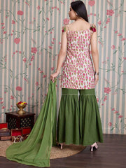 Beige Floral Straight Pure Cotton Kurti Sharara Set – Shoulder Straps – Gotta Patti