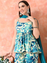 Blue & Beige A-Line Rayon Kurti Sharara Set – Shoulder Straps – Printed