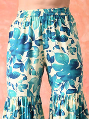 Blue & Beige A-Line Rayon Kurti Sharara Set – Shoulder Straps – Printed