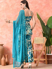 Blue & Beige A-Line Rayon Kurti Sharara Set – Shoulder Straps – Printed