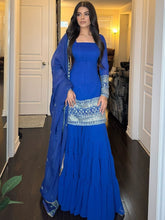 Blue Straight Georgette Kurti Sharara Set – Square Neck – Floral Embroidered & Sequinned