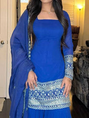 Blue Straight Georgette Kurti Sharara Set – Square Neck – Floral Embroidered & Sequinned