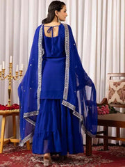 Blue Straight Georgette Kurti Sharara Set – Square Neck – Floral Embroidered & Sequinned