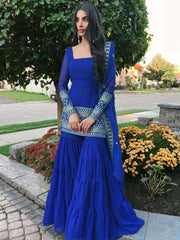 Blue Straight Georgette Kurti Sharara Set – Square Neck – Floral Embroidered & Sequinned