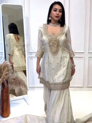 White Straight Chinon Kurta Sharara Set – Round Neck – Thread Embroidered