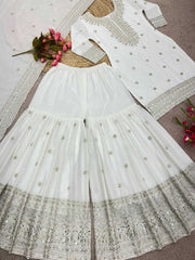 White Straight Chinon Kurta Sharara Set – Round Neck – Thread Embroidered