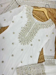 White Straight Chinon Kurta Sharara Set – Round Neck – Thread Embroidered