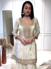 White Straight Chinon Kurta Sharara Set – Round Neck – Thread Embroidered