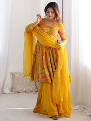 Yellow Anarkali Poly Silk Kurta Set – Square Neck – Floral Print