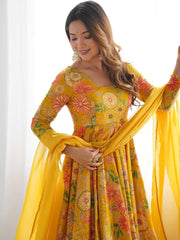 Yellow Anarkali Poly Silk Kurta Set – Square Neck – Floral Print