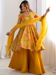 Yellow Anarkali Poly Silk Kurta Set – Square Neck – Floral Print