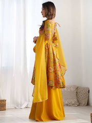 Yellow Anarkali Poly Silk Kurta Set – Square Neck – Floral Print