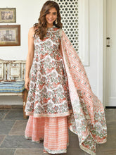 White Anarkali Cotton Kurta Sharara Set – Round Neck – Floral Block Print