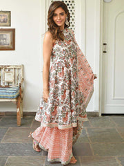 White Anarkali Cotton Kurta Sharara Set – Round Neck – Floral Block Print