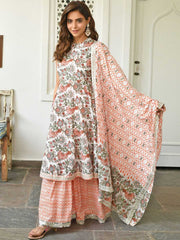 White Anarkali Cotton Kurta Sharara Set – Round Neck – Floral Block Print