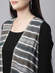 Grey & White Striped Acrylic Shrug – Open Front – Asymmetric Hem