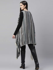 Grey & White Striped Acrylic Shrug – Open Front – Asymmetric Hem