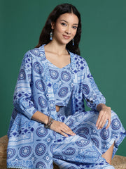 Multicolor Printed Polyester Co-Ord Set – Shoulder Straps – Open Front Shrug