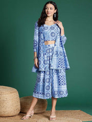 Multicolor Printed Polyester Co-Ord Set – Shoulder Straps – Open Front Shrug