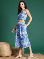 Multicolor Printed Polyester Co-Ord Set – Shoulder Straps – Open Front Shrug