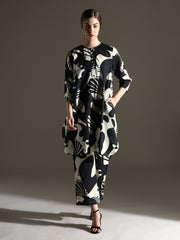 Black & White Straight Pure Cotton Kurta Set – Round Neck – Abstract Print