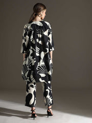 Black & White Straight Pure Cotton Kurta Set – Round Neck – Abstract Print